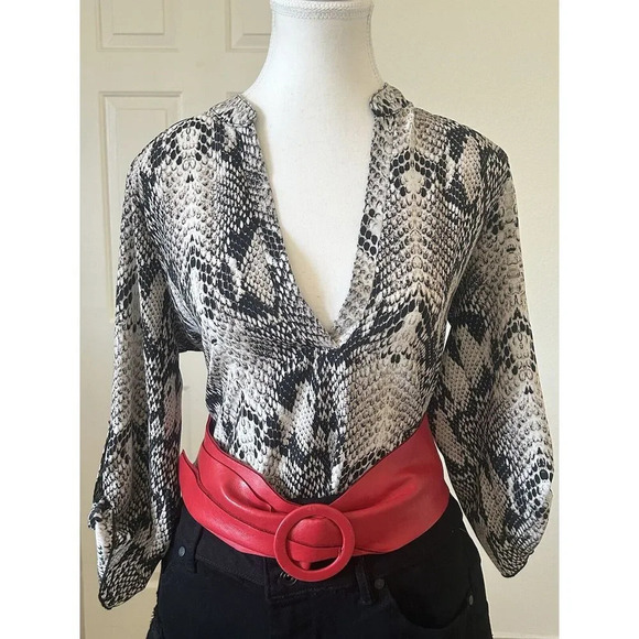 Phanuel Womens Blouse Animal Print Roll Tab Sleeve V-neck Size Medium - Picture 1 of 15